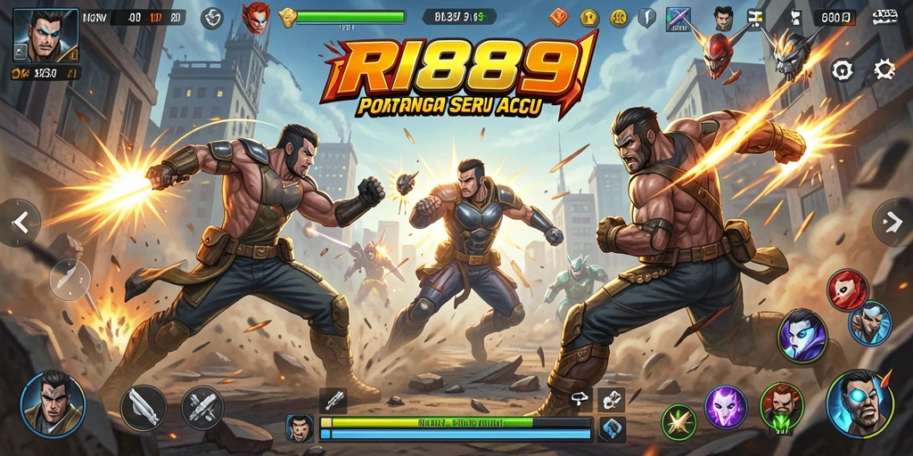 Screenshot gameplay RI889 menampilkan aksi pertempuran yang intens.