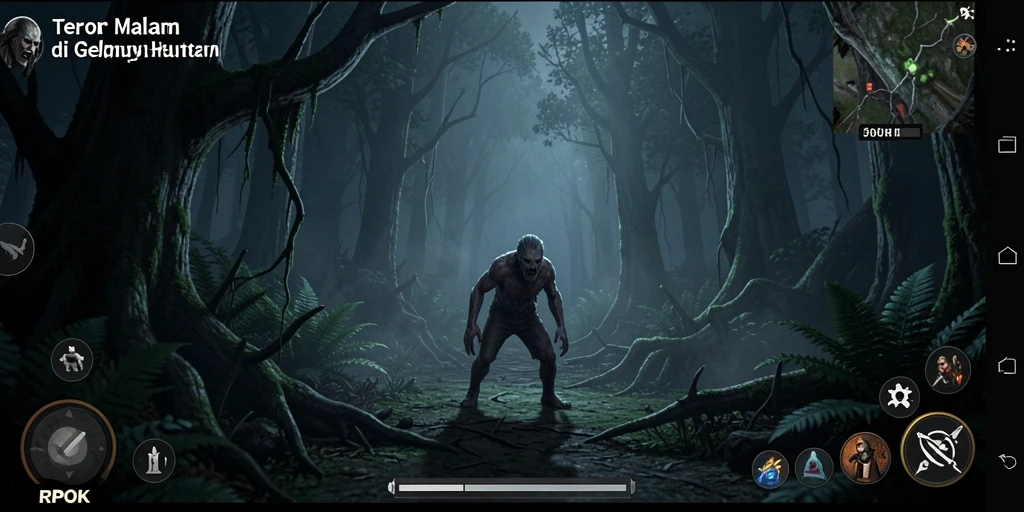 Tangkapan layar gameplay RPOK yang menunjukkan ketegangan saat menjelajahi hutan angker.